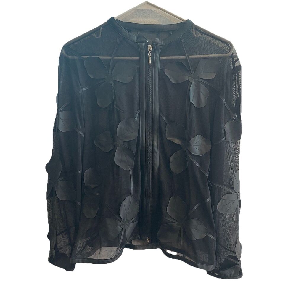 Dolce Cabo Black Women’s Floral Applique Mesh Jacket Sheer Zip Up Classic Modern